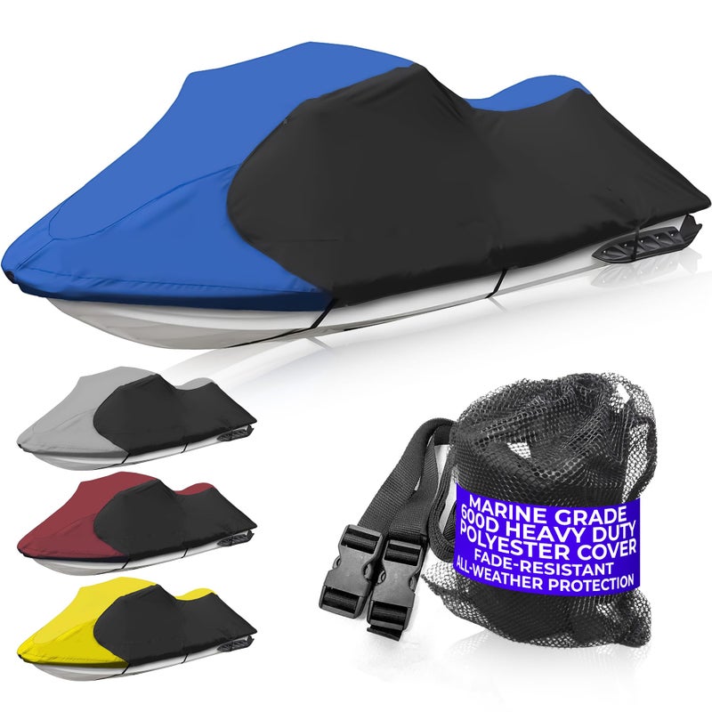 JETPRO Trailerable Jet Ski Cover, Waterproof Marine Grade 600D Heavy Duty Polyester PWC Cover Blue/Black Color Fits from 103"-115" 1 or 2 Seater - Image 1